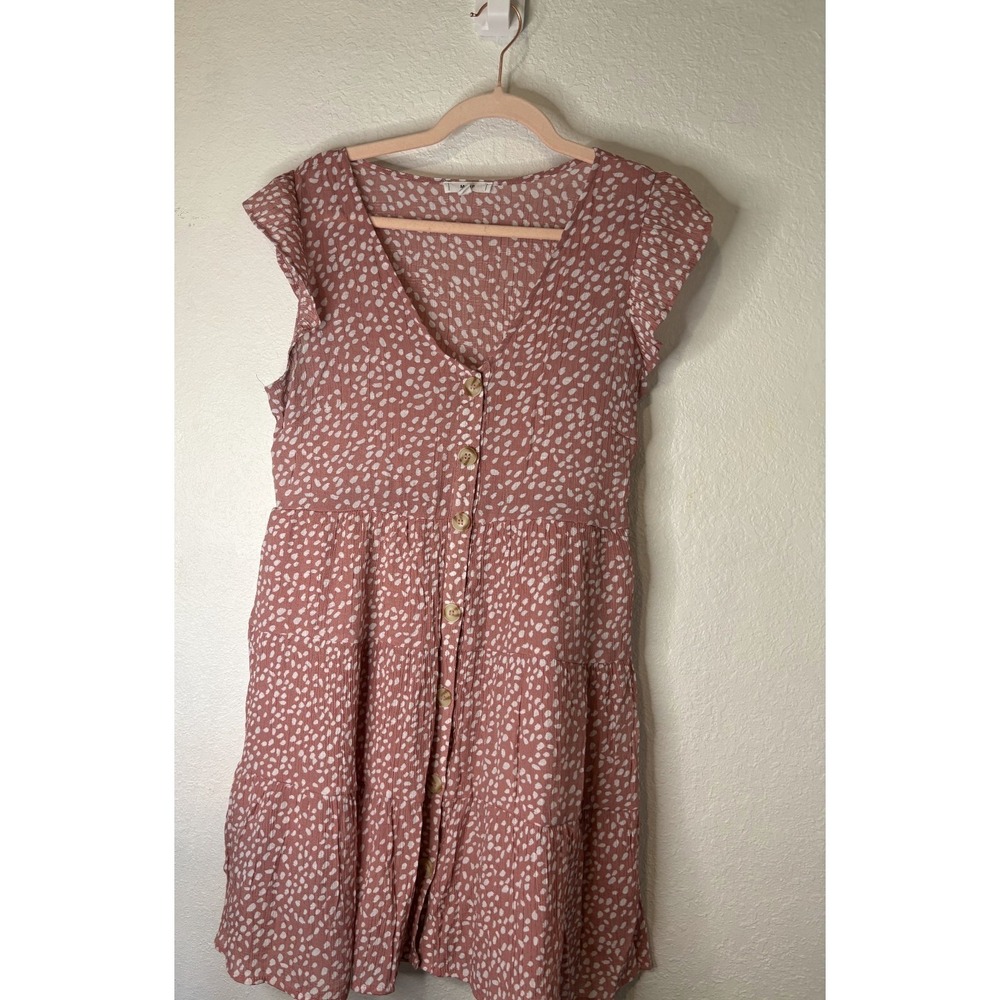 Mine Button-Down Mini Dress Women's Large Dusty Rose Polka Dot Print V-Neck - Picture 2 of 5